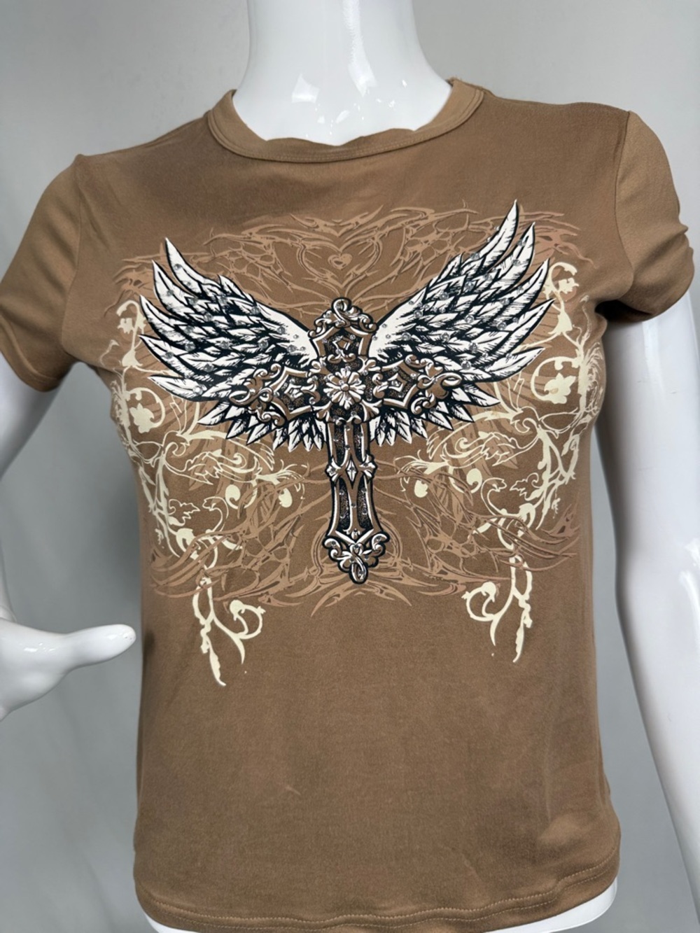 Women's Tan Crewneck Tee with Winged Cross Graphic